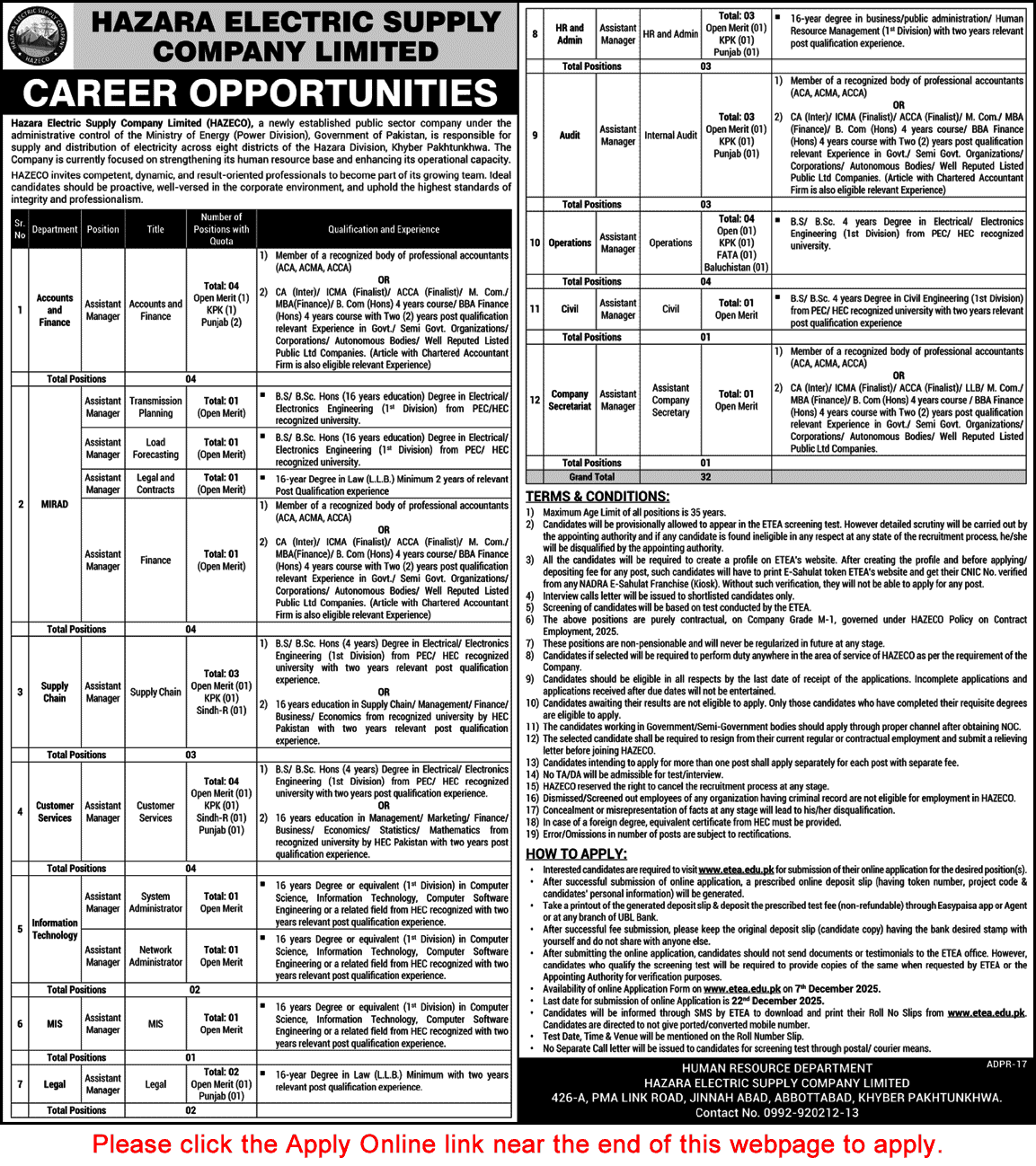 Assistant Manager Jobs in HAZECO December 2025 WAPDA Apply Online Hazara Electric Supply Company Latest