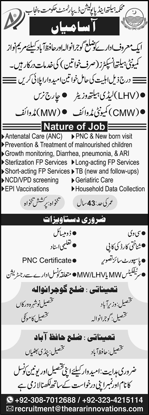 Arar Innovation Gujranwala / Hafizabad Jobs 2025 December Lady Health Visitor, Midwife & Charge Nurse Latest