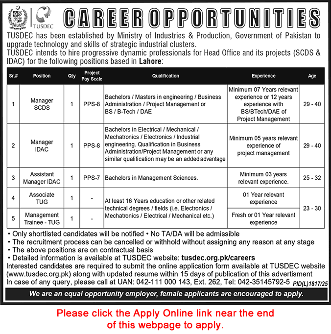 TUSDEC Lahore Jobs 2026 Apply Online Technology Upgradation and Skill Development Company Latest