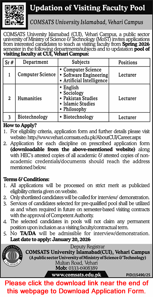 Lecturer Jobs in COMSAT University Islamabad Vehari Campus 2026 Application Form CUI Latest