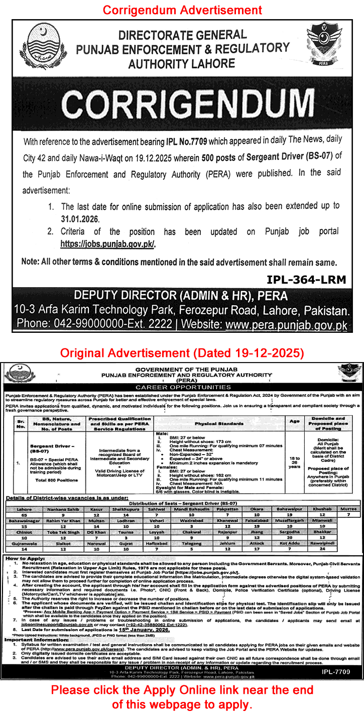 Sergeant Driver Jobs in Punjab Enforcement and Regulatory Authority 2026 PERA Apply Online Latest
