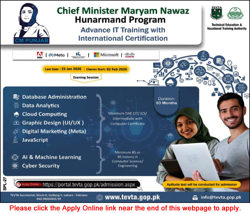 Chief Minister Punjab Hunarmand Program 2026 Apply Online TEVTA Free IT Training Latest
