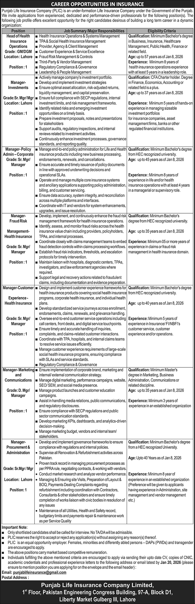 Punjab Life Insurance Company Jobs 2026 Managers & Others PLIC Latest