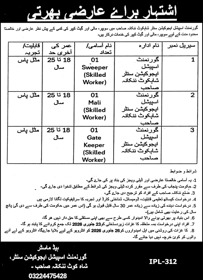 Government Special Education Center Shahkot Jobs 2026 Sweeper, Mali & Gate Keeper Latest