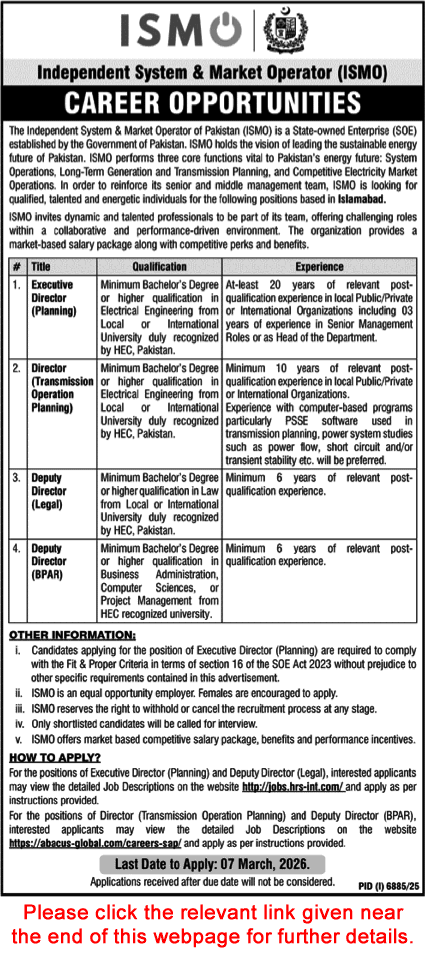 Independent System and Market Operator Islamabad Jobs 2026 February Apply Online ISMO Latest