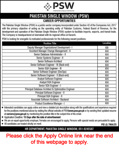 Pakistan Single Window Jobs March 2026 April Apply Online Software Engineers & Others PSW Latest