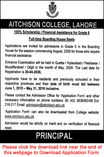 Aitchison College Lahore Scholarship Program 2026 April for Grade-6 Application Form Boarding House Latest