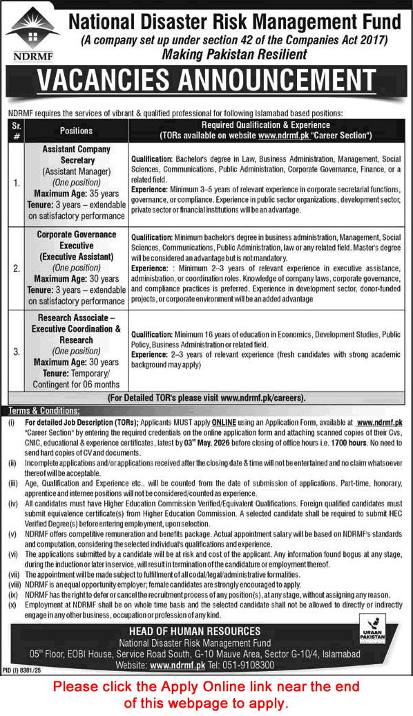 NDRMF Islamabad Jobs April 2026 Apply Online National Disaster Risk Management Fund Latest