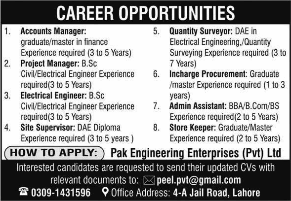 Pak Engineering Enterprises Pvt Ltd Lahore Jobs 2026 April Admin Assistant, Store Keeper & Others Latest