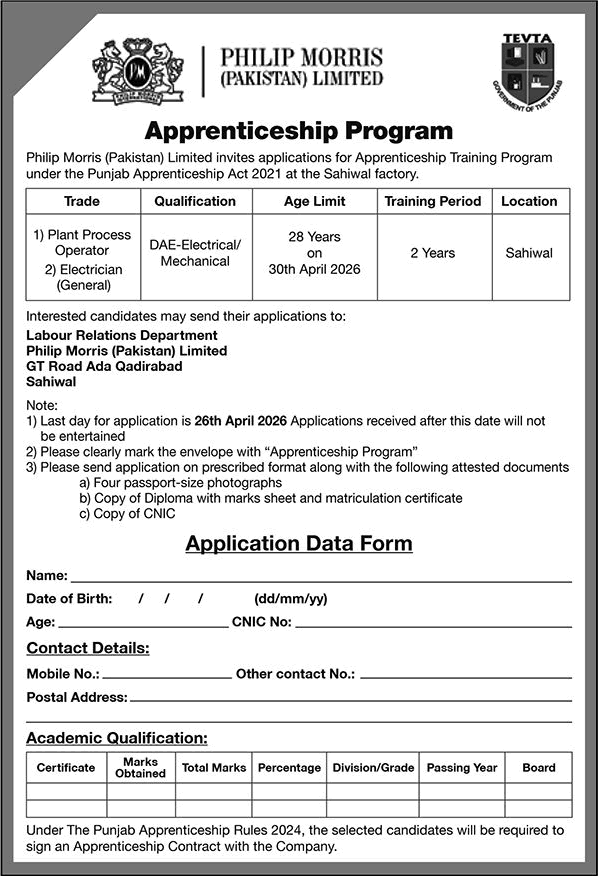 Philip Morris Pakistan Apprenticeship Program April 2026 at Sahiwal Factory Latest