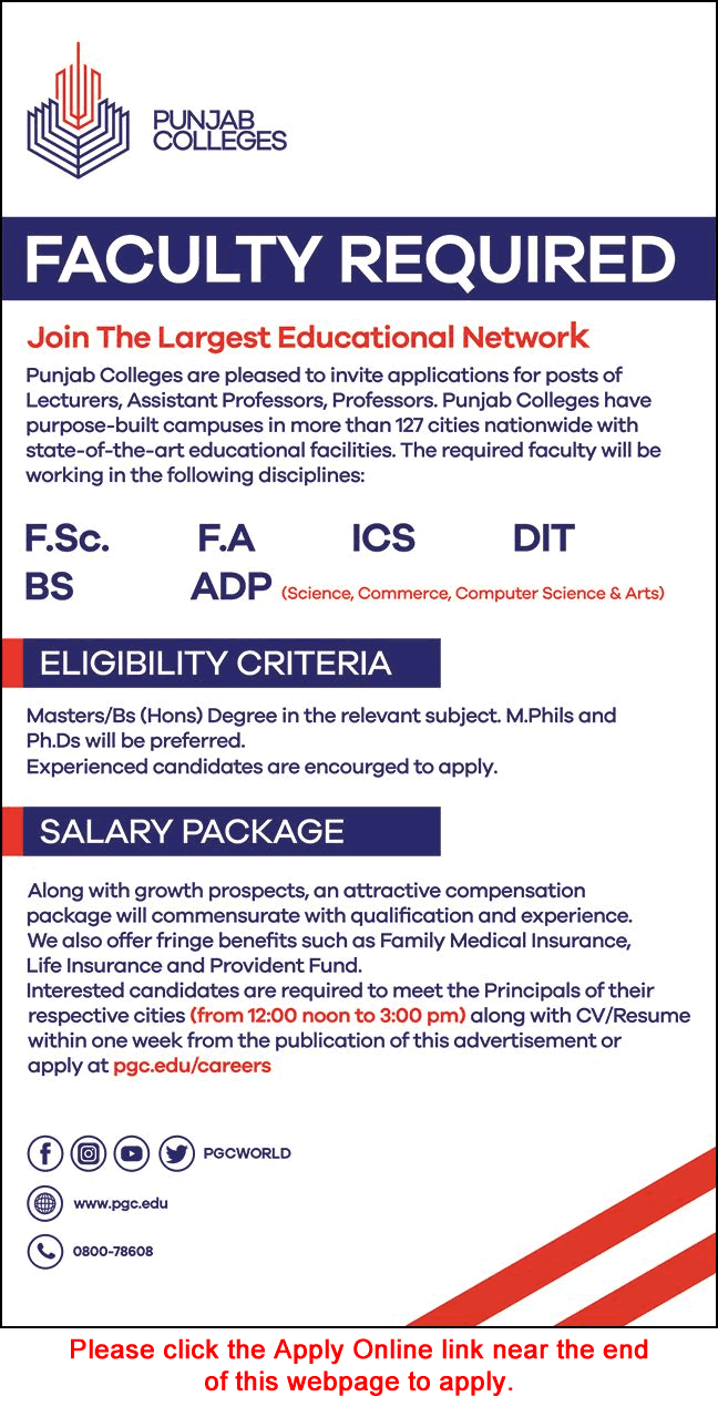 Punjab Colleges Jobs April 2026 May Apply Online Teaching Faculty PGC Latest