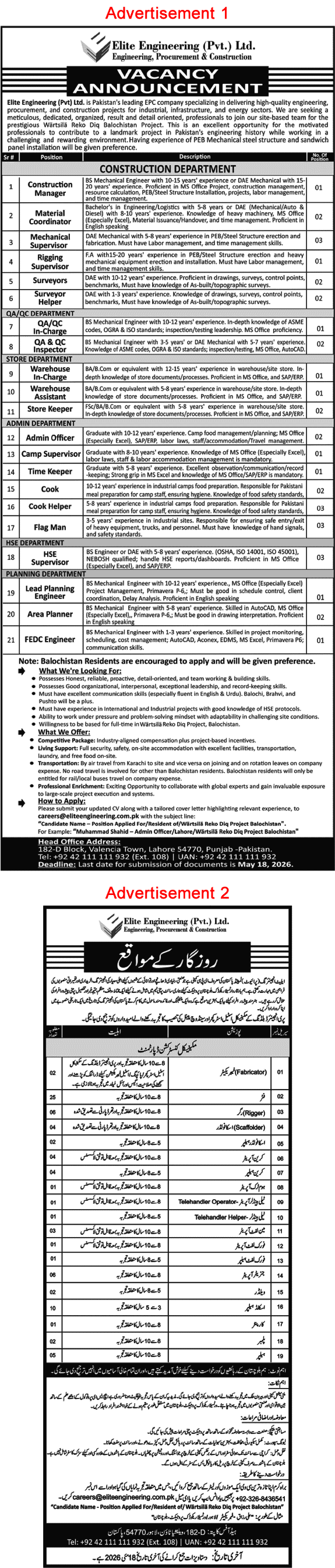 Elite Engineering Pvt Ltd Pakistan Jobs May 2026 Fitters, Skilled Helpers & Others Latest