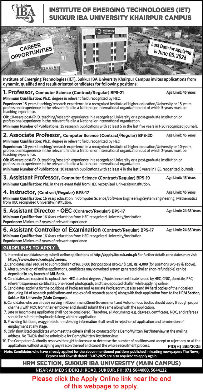 IBA Institute of Emerging Technologies Khairpur Jobs 2026 May Apply Online Teaching Faculty & Others Latest