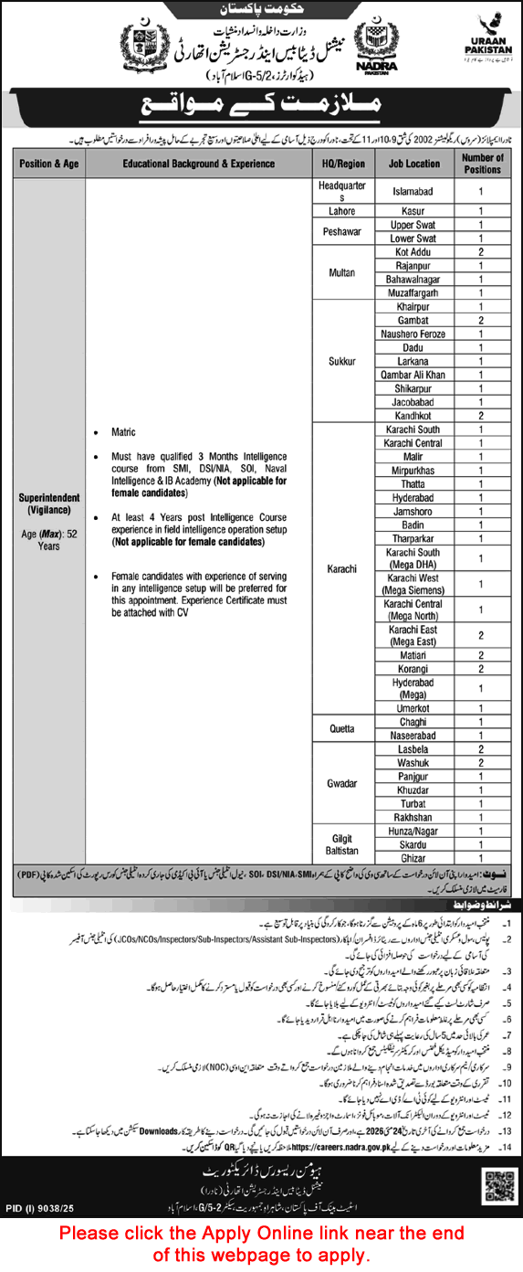 Vigilance Superintendent Jobs in NADRA May 2026 Apply Online National Database and Registration Authority Latest