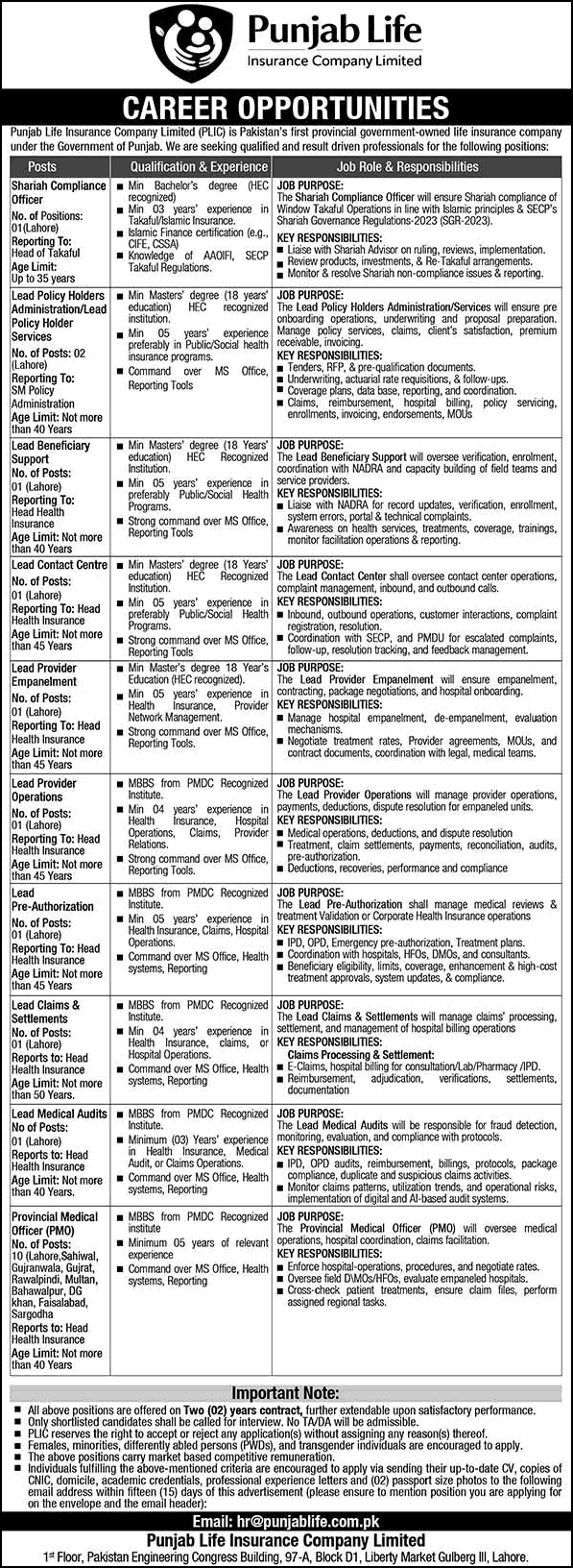 Punjab Life Insurance Company Jobs May 2026 Provincial Medical Officers & Others PLIC Latest