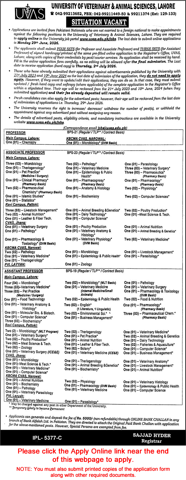 University of Veterinary and Animal Sciences Jobs May 2026 Apply Online Teaching Faculty UVAS Latest