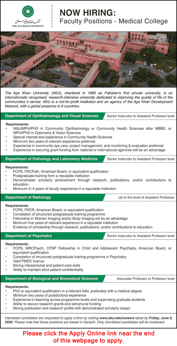 Teaching Faculty Jobs in Aga Khan University Karachi 2026 May Apply Online AKU Medical College Latest