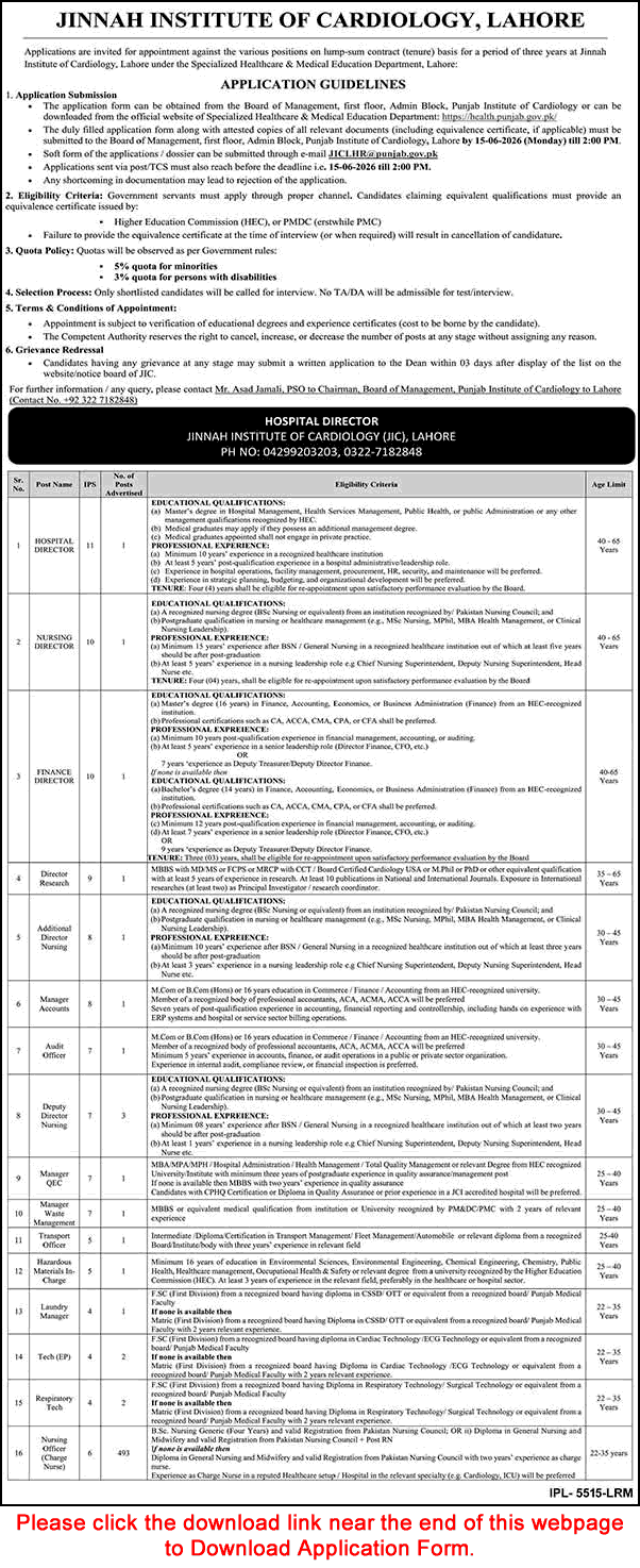 Jinnah Institute of Cardiology Lahore Jobs May 2026 June Application Form Nursing Officers & Others JIC Latest