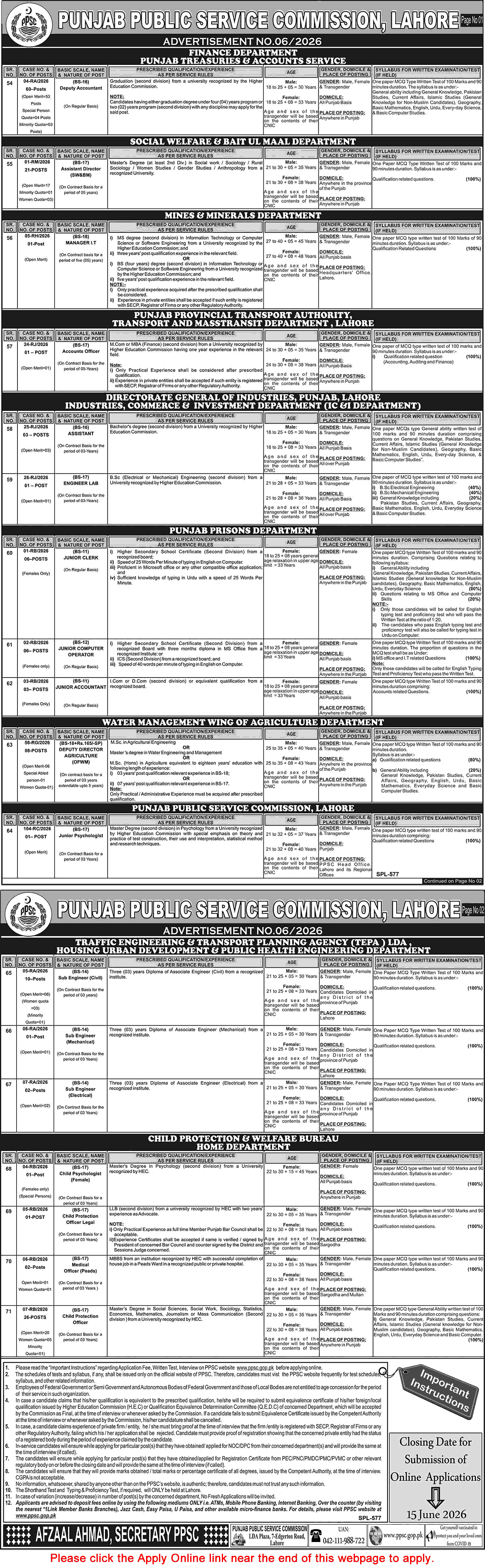 PPSC Jobs May 2026 June Apply Online Consolidated Advertisement No 06/2026 6/2026 Latest