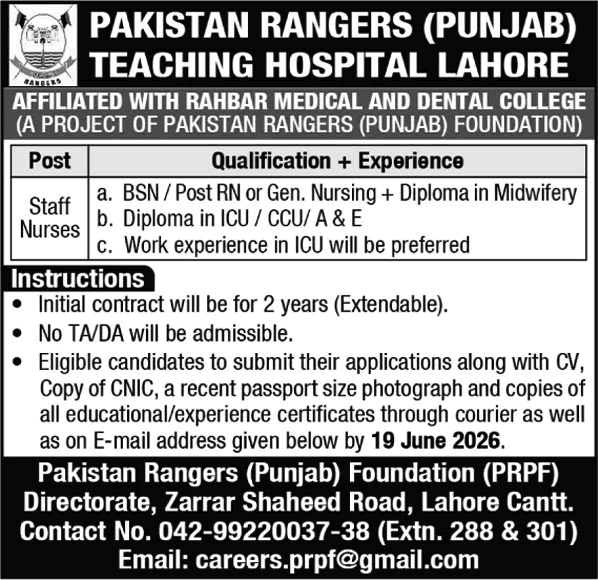 Staff Nurse Jobs in Pakistan Rangers Punjab Teaching Hospital Lahore 2026 June Latest