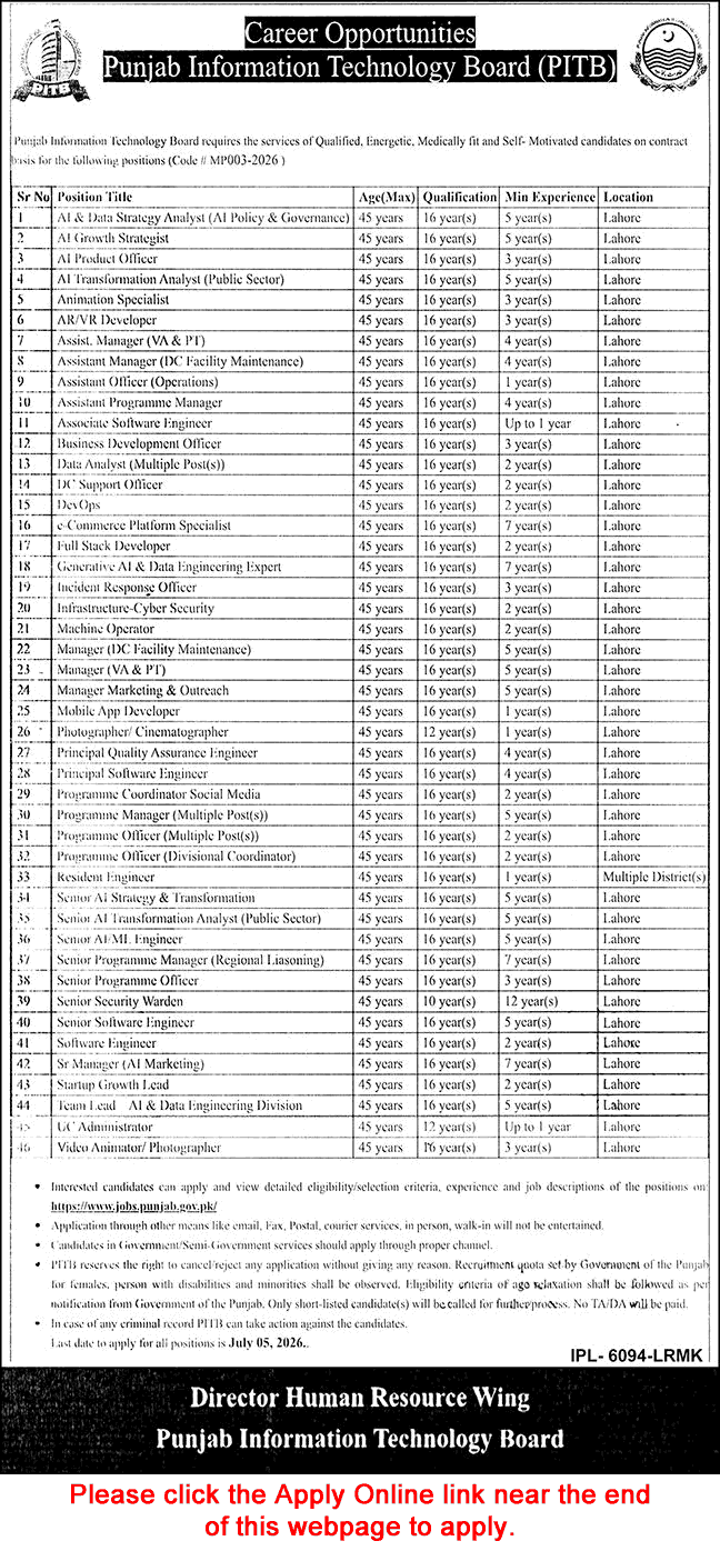PITB Jobs June 2026 Apply Online Punjab Information Technology Board Latest