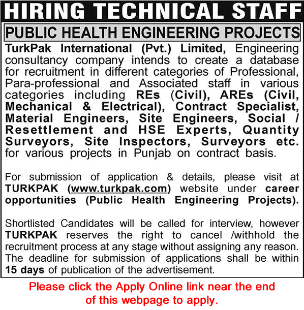 Turkpak International Pvt Ltd Jobs August 2026 Apply Online Resident Engineers, Site Inspectors & Others Latest
