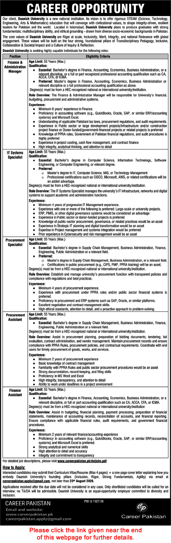 Daanish University Islamabad Jobs August 2026 IT Systems Specialist, Finance Assistant & Others Career Pakistan Latest