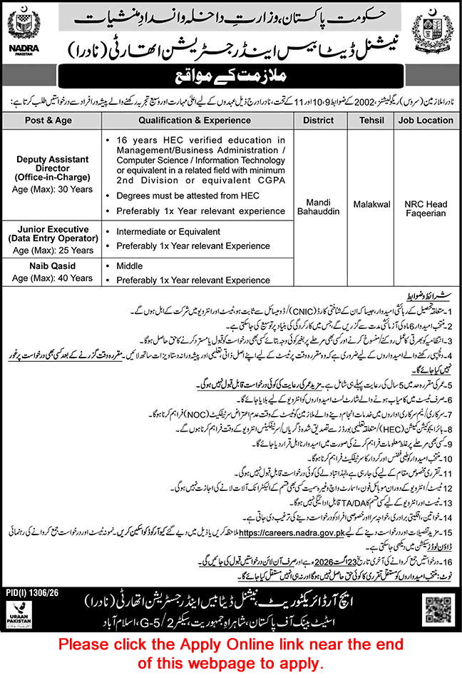 NADRA Jobs August 2026 Apply Online Junior Executives, Deputy Assistant Directors & Naib Qasid Latest