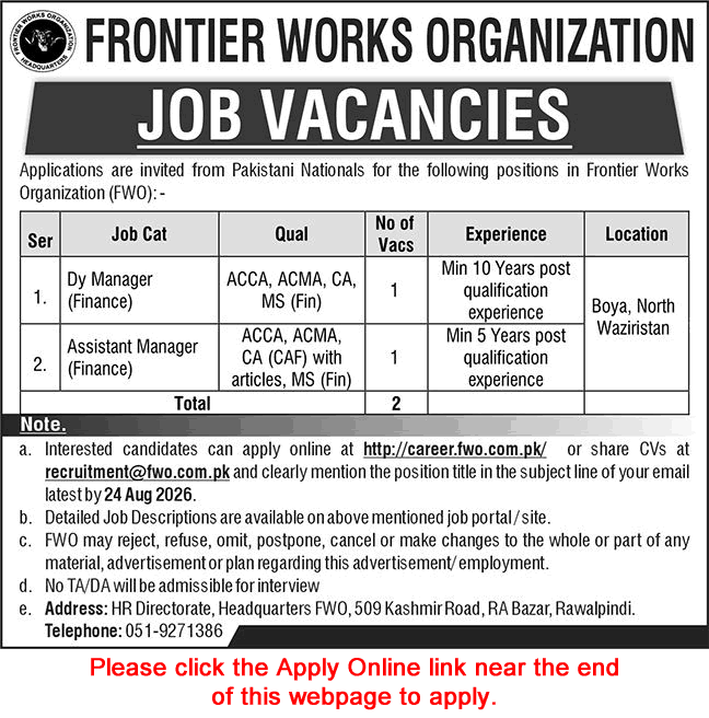 FWO Jobs August 2026 Apply Deputy / Assistant Manager Frontier Works Organization Latest