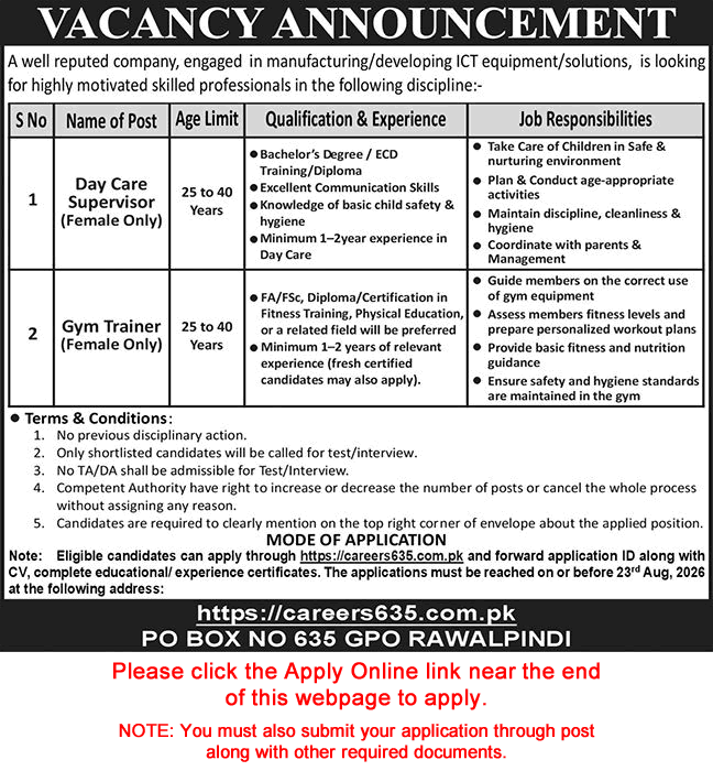 PO Box 635 GPO Rawalpindi Jobs August 2026 Apply Online Female Day Care Supervisor & Gym Trainer Latest