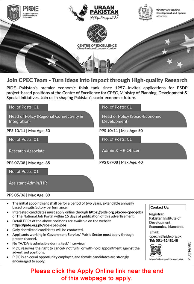 Pakistan Institute of Development Economics Jobs August 2026 Apply Online CoE CPEC PIDE Latest