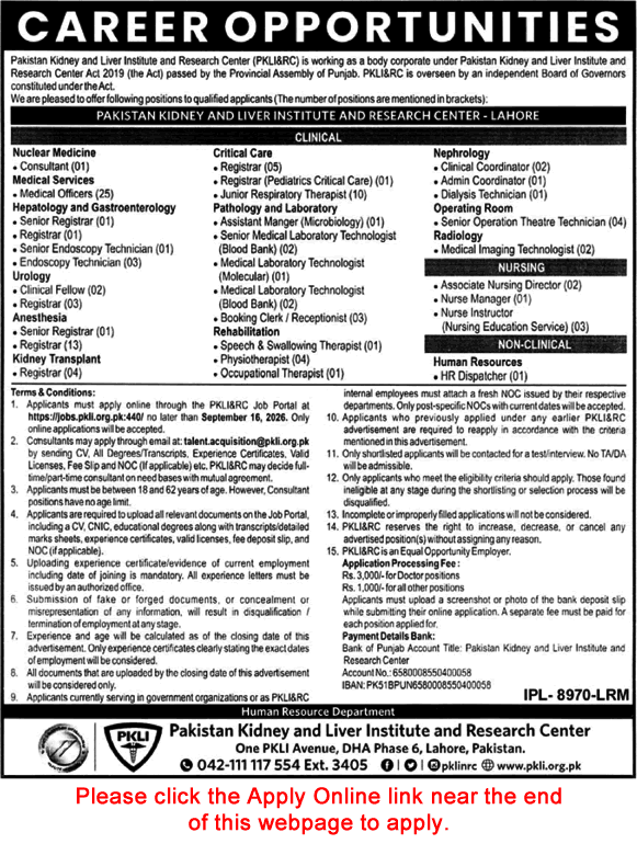 PKLI Lahore Jobs August 2026 September Apply Online Pakistan Kidney and Liver Institute Latest