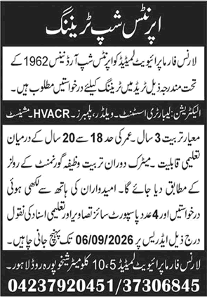 Lawrence Pharma Pvt Ltd Lahore Apprenticeship Training 2026 August / September Latest