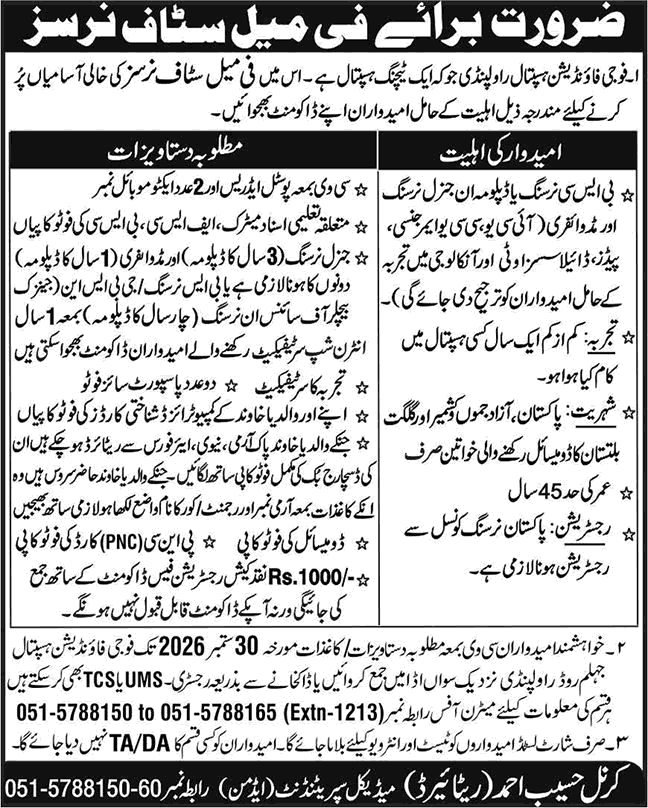 Staff Nurse Jobs in Fauji Foundation Hospital Rawalpindi September 2026 Latest