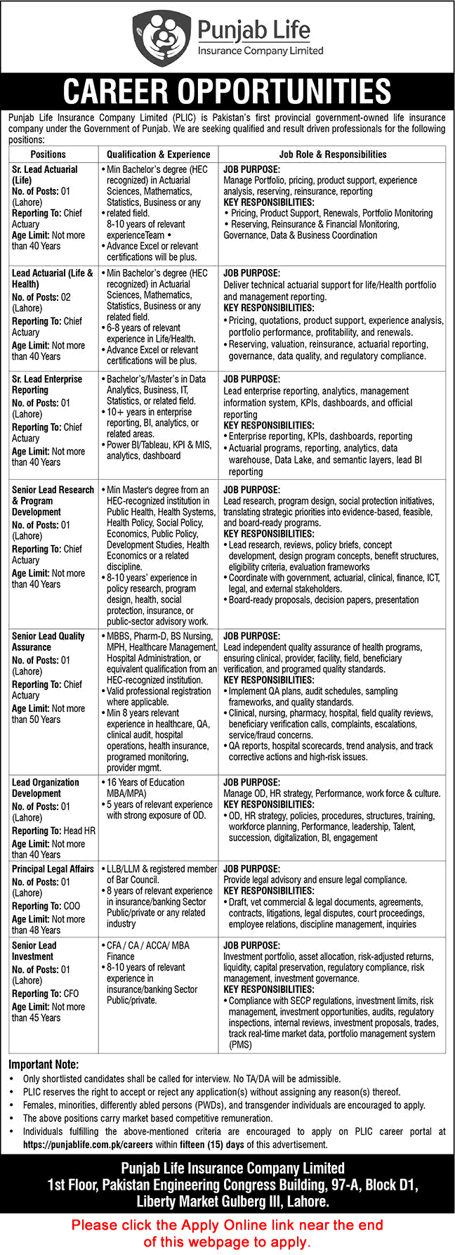 Punjab Life Insurance Company Jobs September 2026 Apply Online Lead Actuarial & Others PLIC Latest