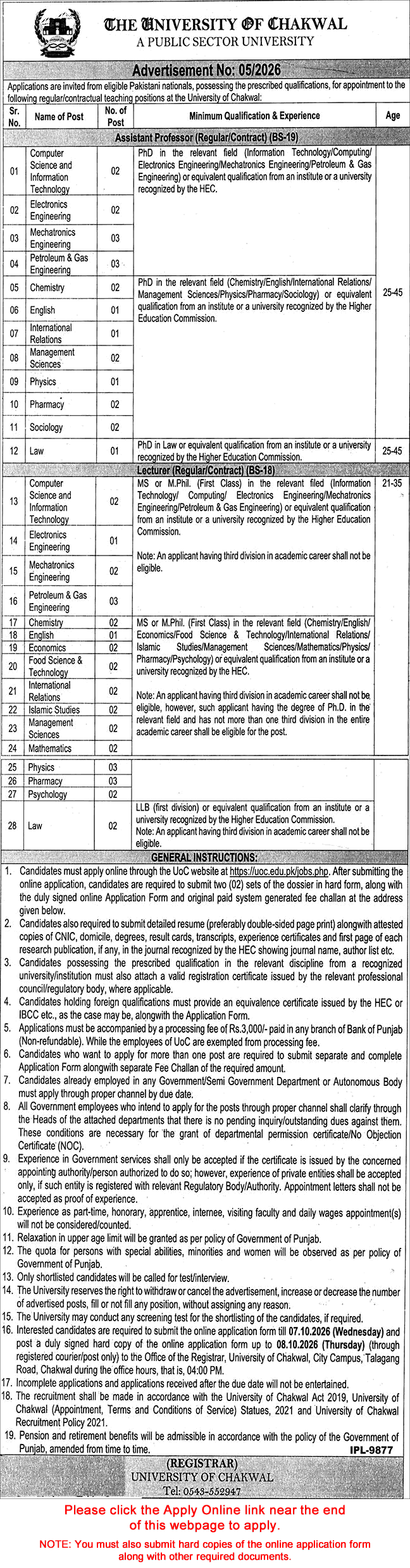 University of Chakwal Jobs 2026 September Apply Online Teaching Faculty Latest