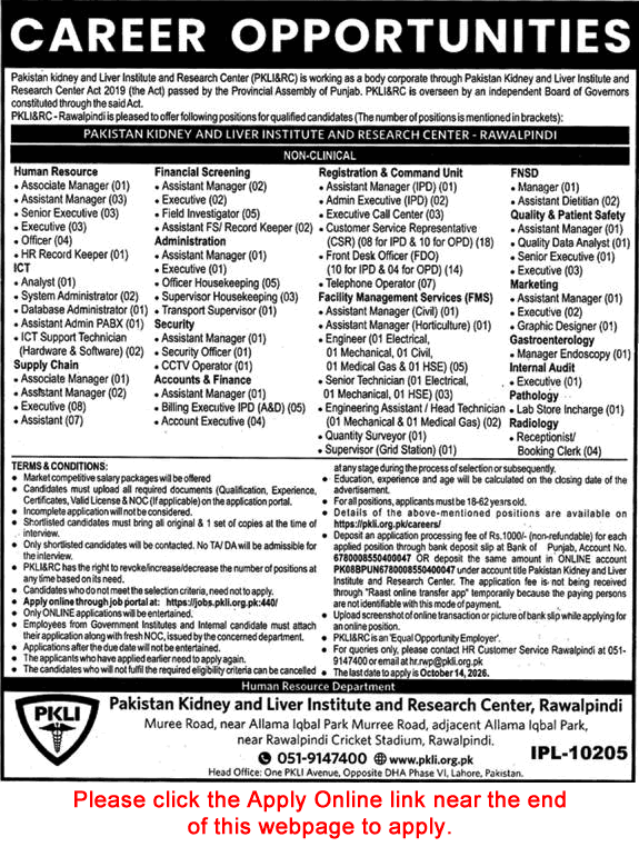 PKLI Rawalpindi Jobs September 2026 October Apply Online Pakistan Kidney and Liver Institute and Research Center Latest