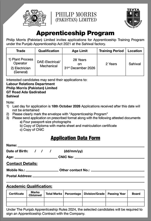 Philip Morris Pakistan Apprenticeship Program October 2026 at Sahiwal Factory Latest