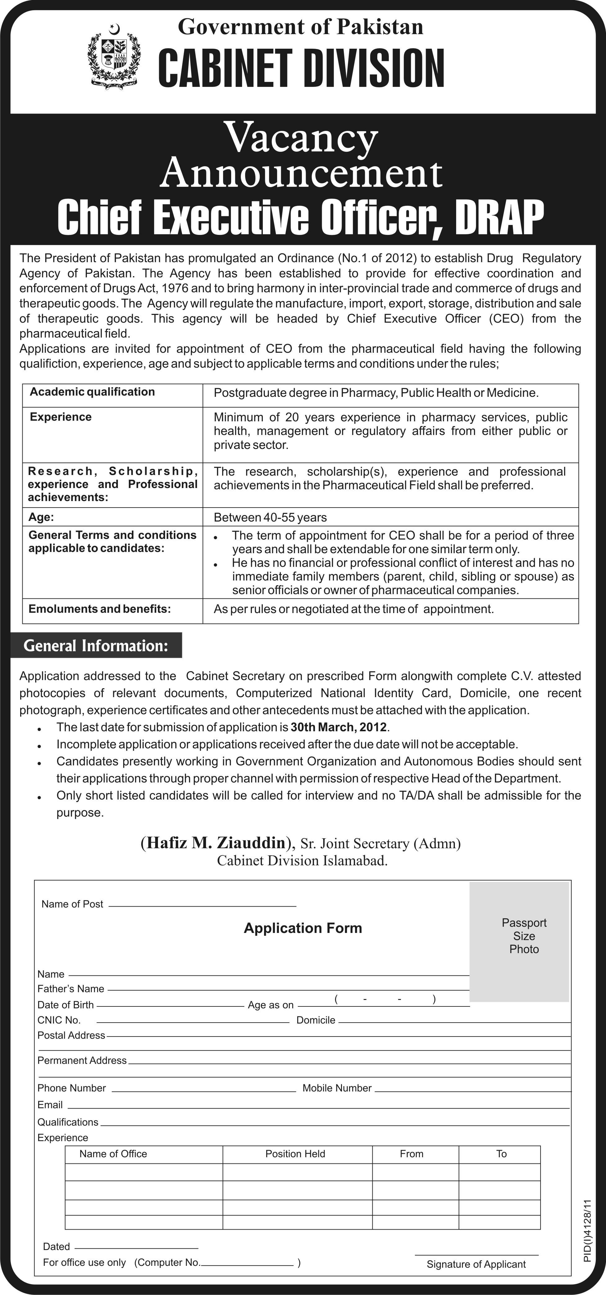 Cabinet Division (Govt Jobs) Requires Chief Executive Officer, DRAP