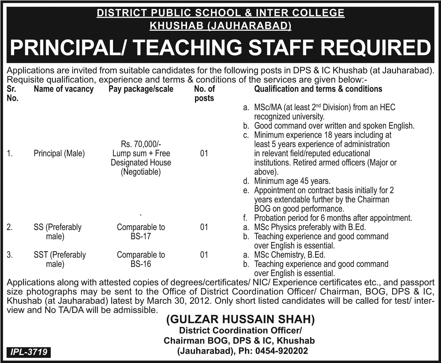 District Public School & Inter College (Govt) Jobs