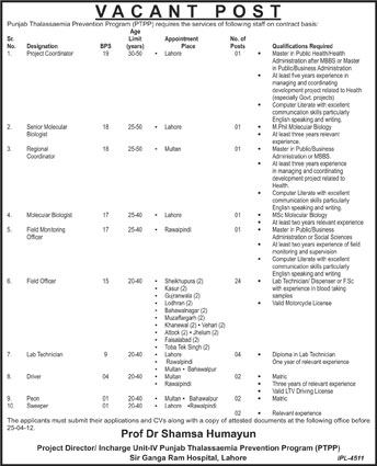 PTPP (Punjab thalassemia Prevention Program) Govt. Jobs