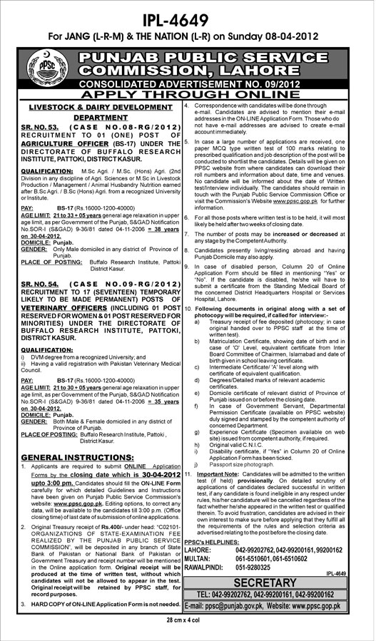 Punjab Public Service Commission (Govt), Lahore Jobs