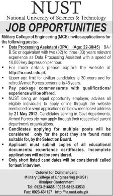 Data Processing Assistant Required at NUST (MCE)