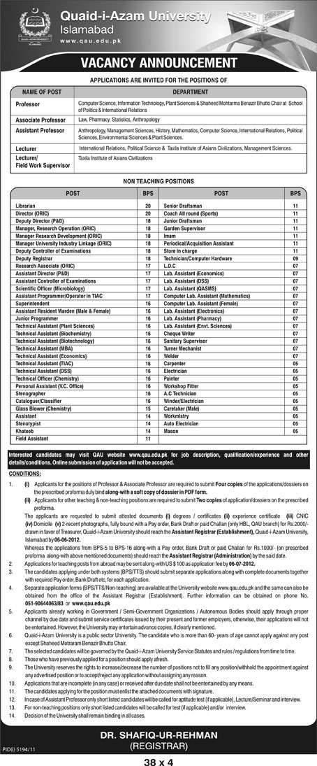 Teaching & Non-Teaching jobs at Qaud-e-Azam University (Govt. job)