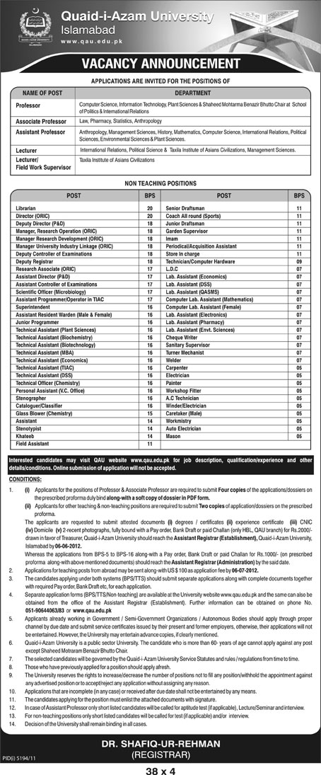 Teaching & Non-Teaching jobs at Qaud-e-Azam University (Govt. job)