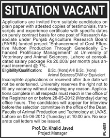 Research Associate Required at Punjab Agricultural Research Board (PARB) (Govt. job)