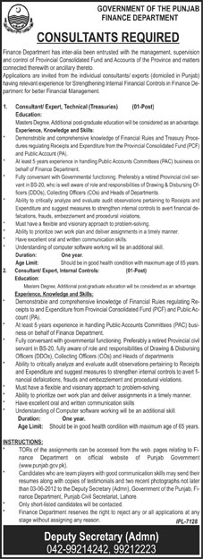 Consultants Required by Finance Department of Punjab Government