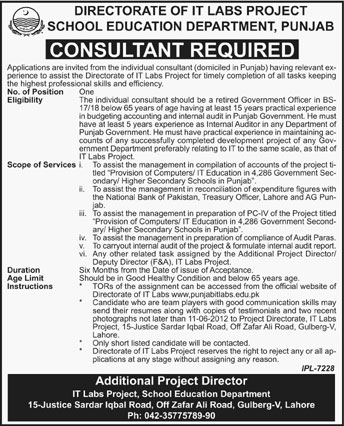 Consultant Required at Directorate of IT Labs Project (Govt. job)