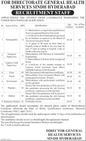 Support Staff Required at Directorate General Health Services