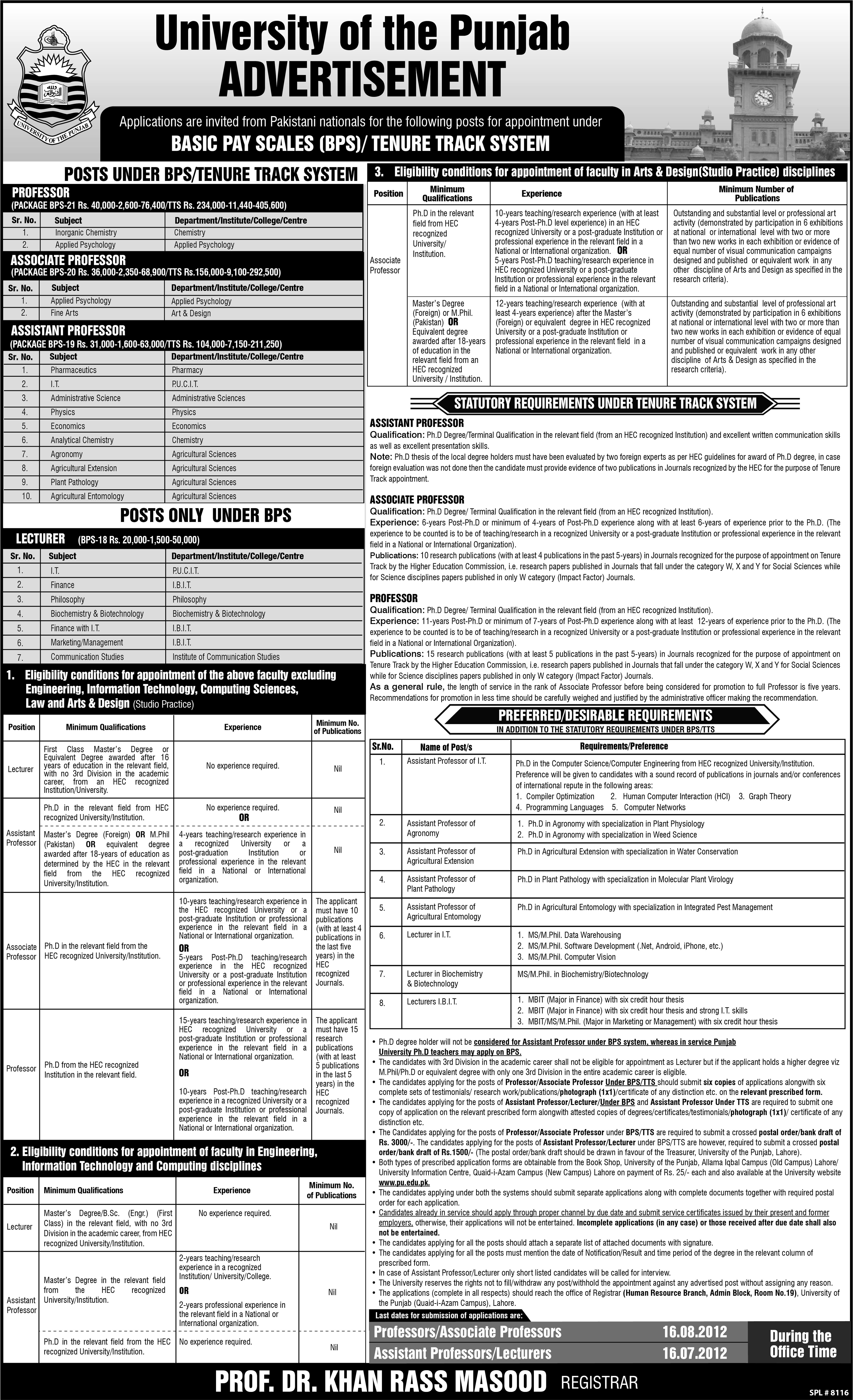 Teaching Faculty Required Under BPS (Basic Pay Scale)/ Tenure Track System (TTS) at University of the Punjab (PU)